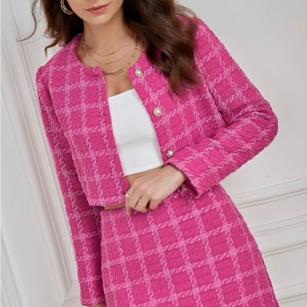 Tweed Plaid Crop and high Waist Skirt Set